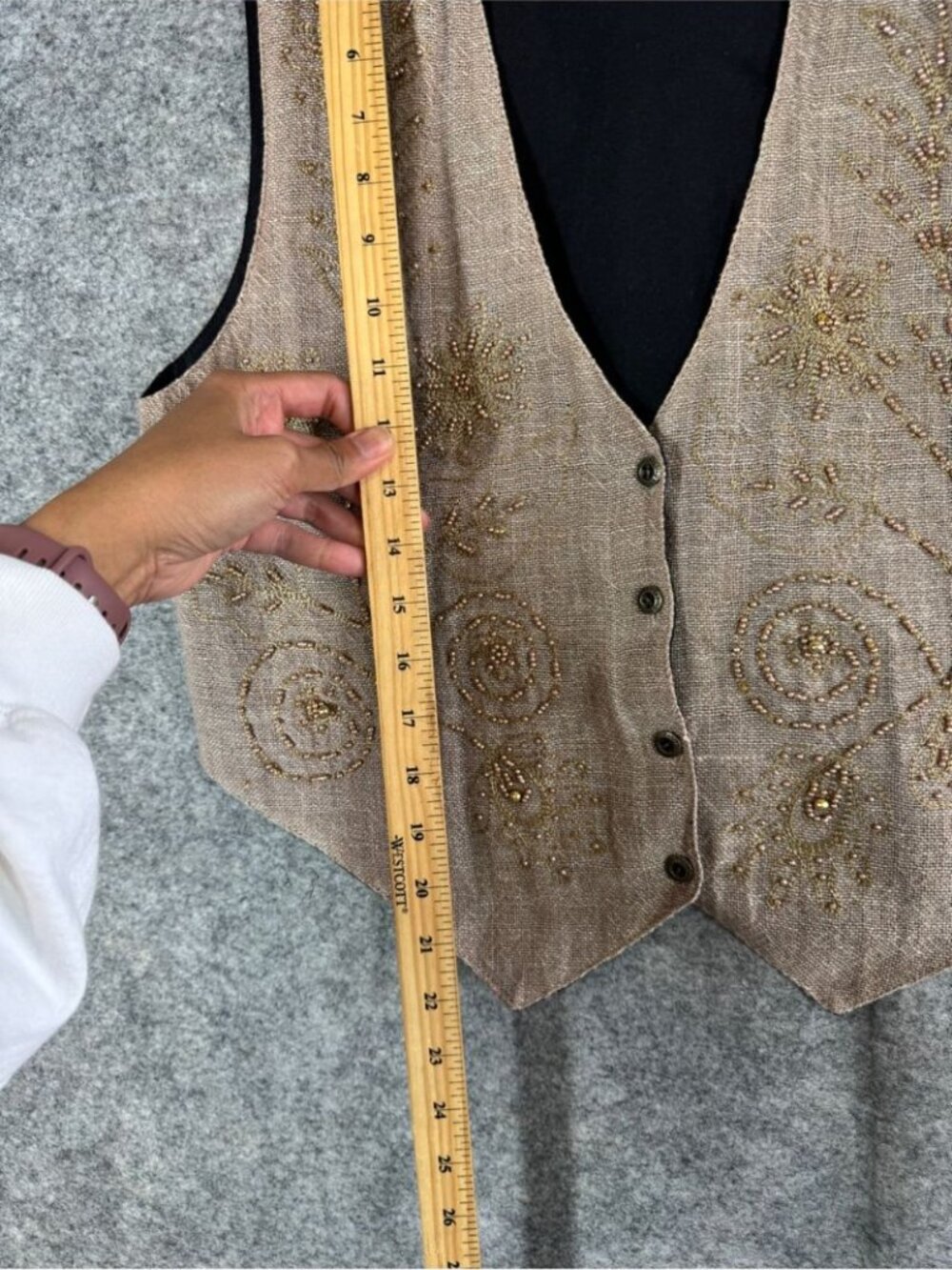 Vintage Beaded Linen Blend Vest Taupe Medium Boho Western Cottagecore Festival - Picture 4 of 16